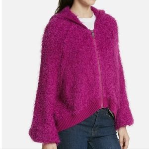 Free People "Furry Time" Hooded Zip-Up Jacket, Pink, Oversized Small, EUC